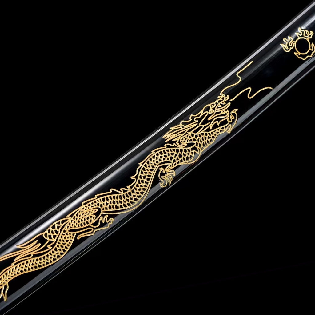 Handmade Black Dragon T10 Steel Katana Sword Clay Tempered Full Tang Samurai Sword with Golden Dragon Saya