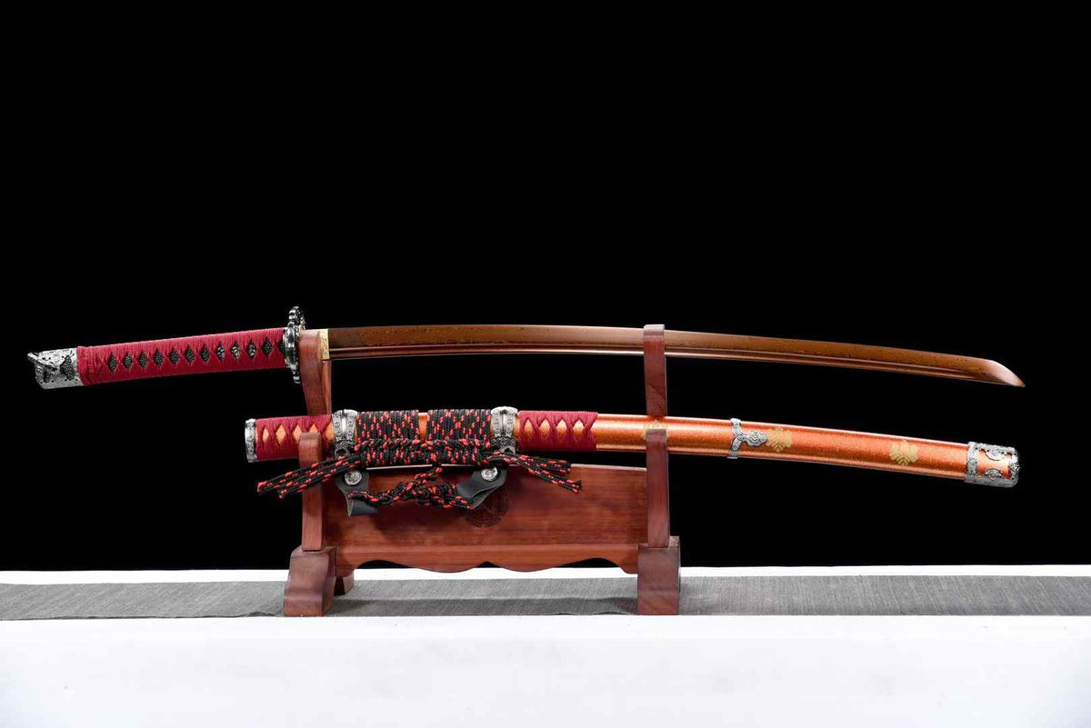 Handmade Pattern Steel Katana Sword, 104cm Japanese Samurai Tachi with Red Gold-Flecked Lacquer Saya, Sakura Alloy Fittings