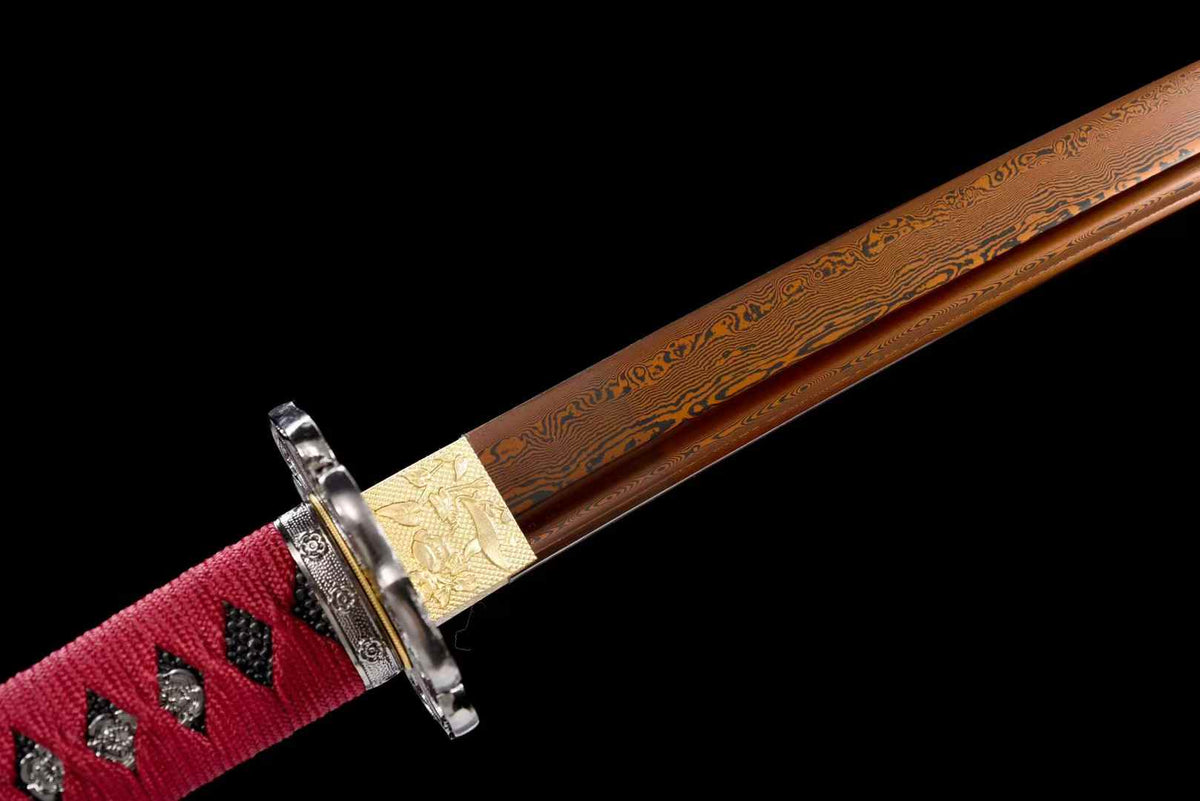 Handmade Pattern Steel Katana Sword, 104cm Japanese Samurai Tachi with Red Gold-Flecked Lacquer Saya, Sakura Alloy Fittings