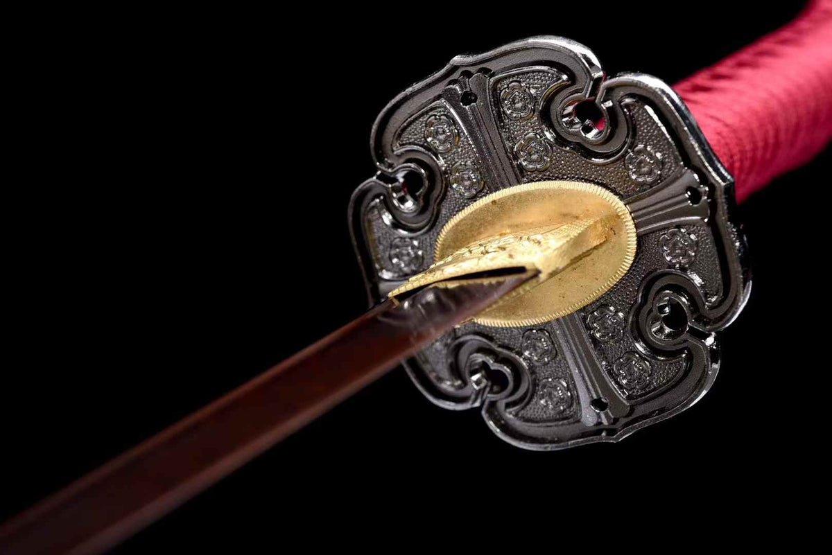 Handmade Pattern Steel Katana Sword, 104cm Japanese Samurai Tachi with Red Gold-Flecked Lacquer Saya, Sakura Alloy Fittings