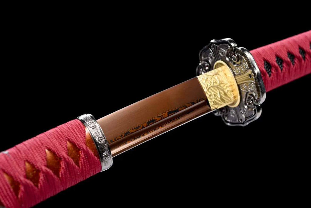 Handmade Pattern Steel Katana Sword, 104cm Japanese Samurai Tachi with Red Gold-Flecked Lacquer Saya, Sakura Alloy Fittings