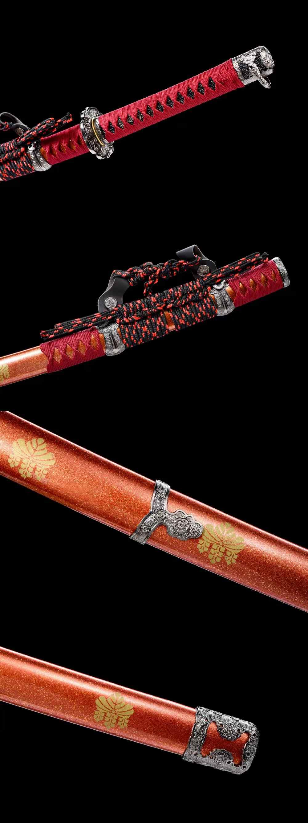 Handmade Pattern Steel Katana Sword, 104cm Japanese Samurai Tachi with Red Gold-Flecked Lacquer Saya, Sakura Alloy Fittings