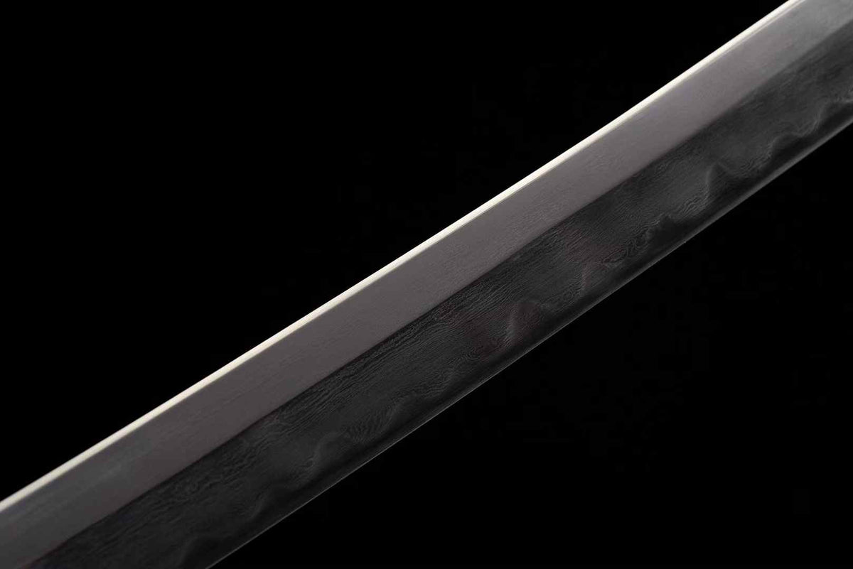 26 Inch Folded Damascus Japanese Tachi Sword Clay Tempered 60 HRC, 18-Step Mirror Polish, Gold Nashiji Scabbard