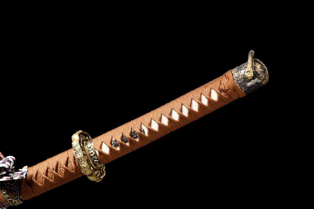 26 Inch Folded Damascus Japanese Tachi Sword Clay Tempered 60 HRC, 18-Step Mirror Polish, Gold Nashiji Scabbard