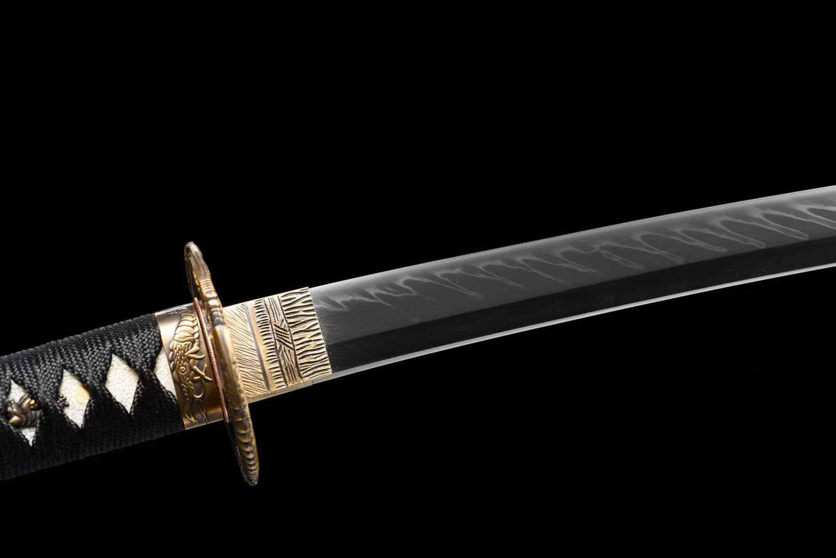 T10 Steel Katana – Wave Hamon Clay-Tempered Samurai Sword, Copper Fittings