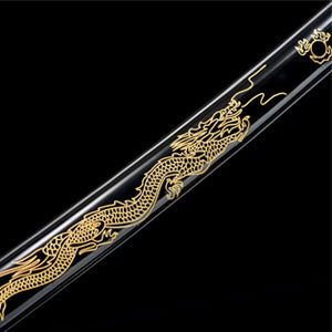 Handmade Black Dragon T10 Steel Katana Sword Clay Tempered Full Tang Samurai Sword with Golden Dragon Saya