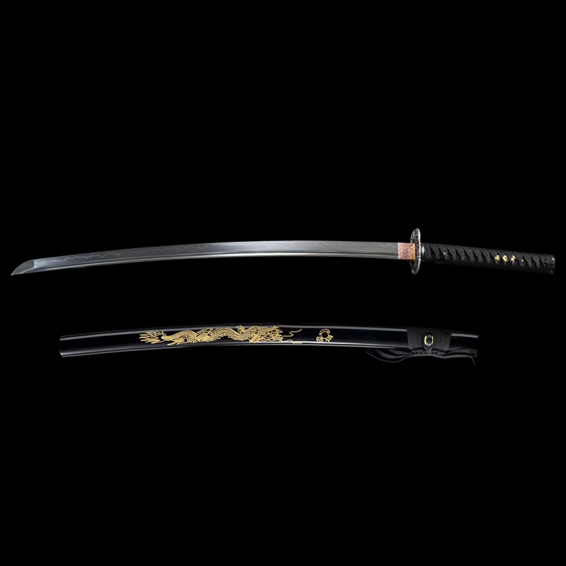 Handmade Black Dragon T10 Steel Katana Sword Clay Tempered Full Tang Samurai Sword with Golden Dragon Saya