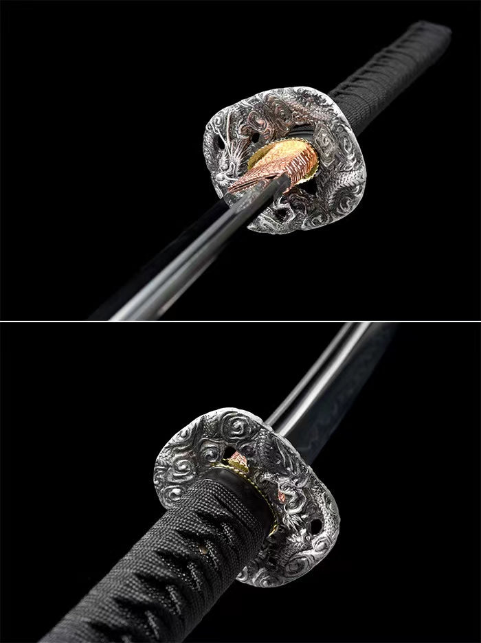 Handmade Black Dragon T10 Steel Katana Sword Clay Tempered Full Tang Samurai Sword with Golden Dragon Saya