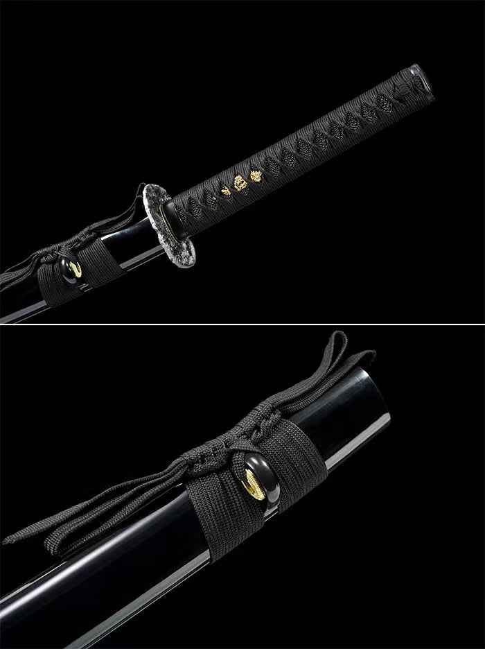 Handmade Black Dragon T10 Steel Katana Sword Clay Tempered Full Tang Samurai Sword with Golden Dragon Saya
